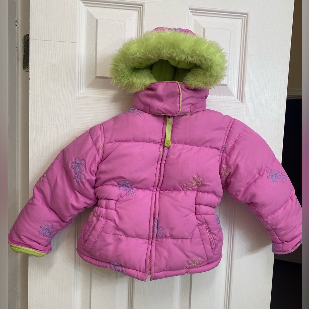 Big Chill kids pink hooded puffer coat jacket size 24 Months Floral Embroidery